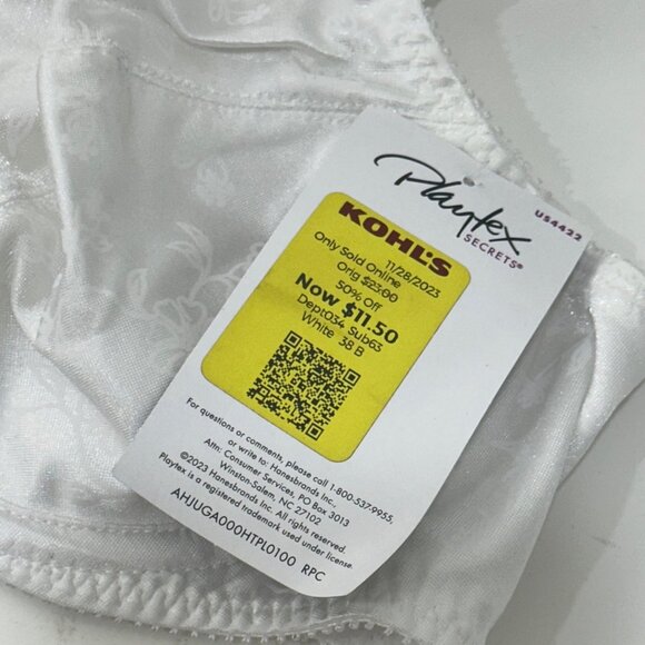 Playtex Secrets White Full Coverage Underwire Bra Style 4422 Comfort Straps 38B - Picture 5 of 10